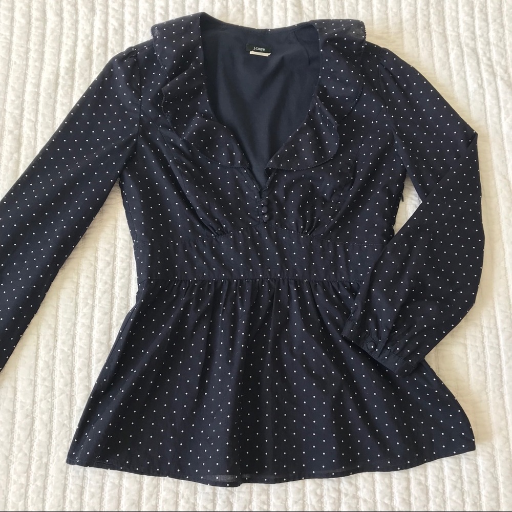 J Crew Navy Polka Dot Peplum Blouse with Ruffles 0